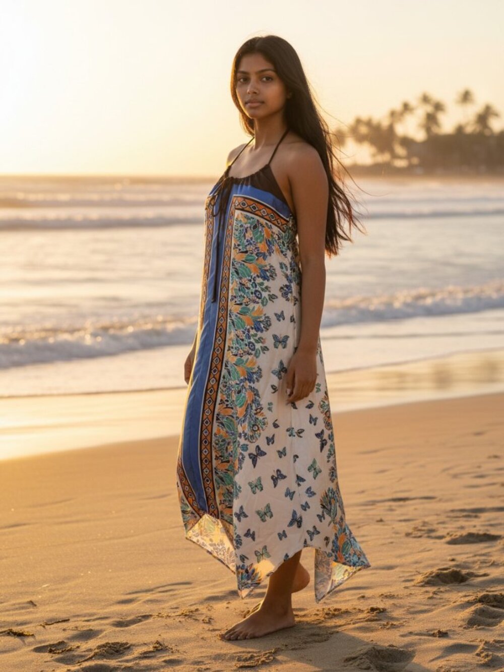 Allen B. Allen Schwartz, Halter Maxi Dress, Blue, Orange, Geometric, and Floral
